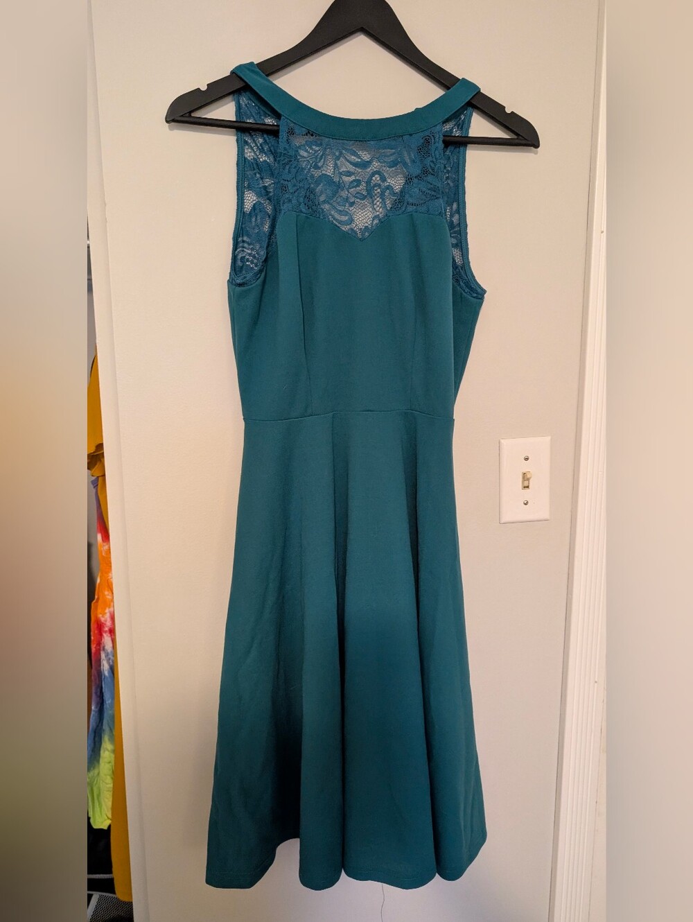 Teal Lace-Yoke Sleeveless Fit & Flare Dress
